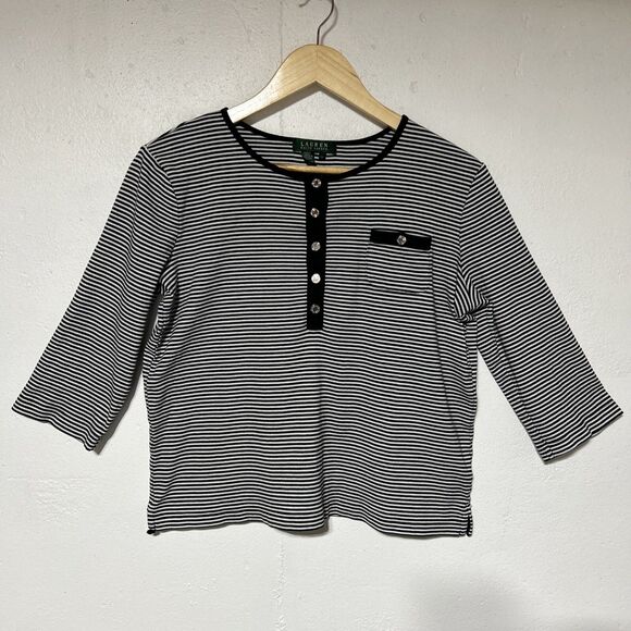 Lauren Ralph Lauren Nautical Womens Striped Shirt Top Large Black/White Stripe - Picture 2 of 16